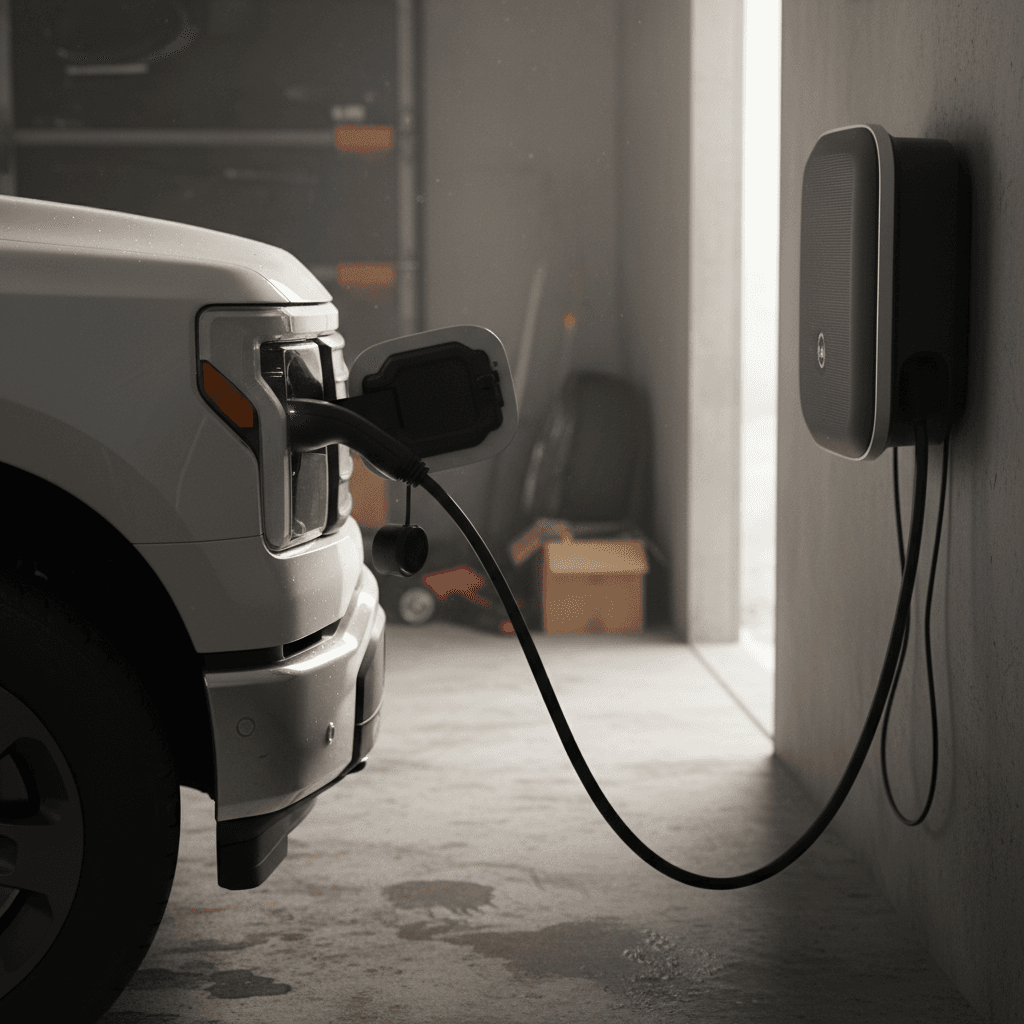 Ford F-150 Lightning plugged into a Level 2 wall charger in a home garage, illustrating typical home charging setup
