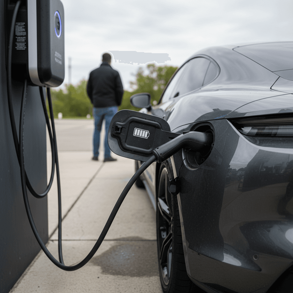 Technician inspecting the underbody and suspension components of a Porsche Taycan on a lift