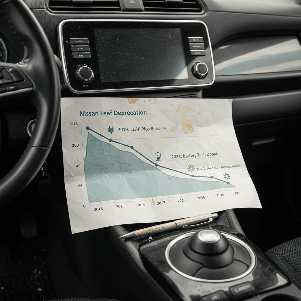 Stylized chart showing Nissan Leaf prices dropping sharply in the first few years, then leveling off by 2026 across different model years