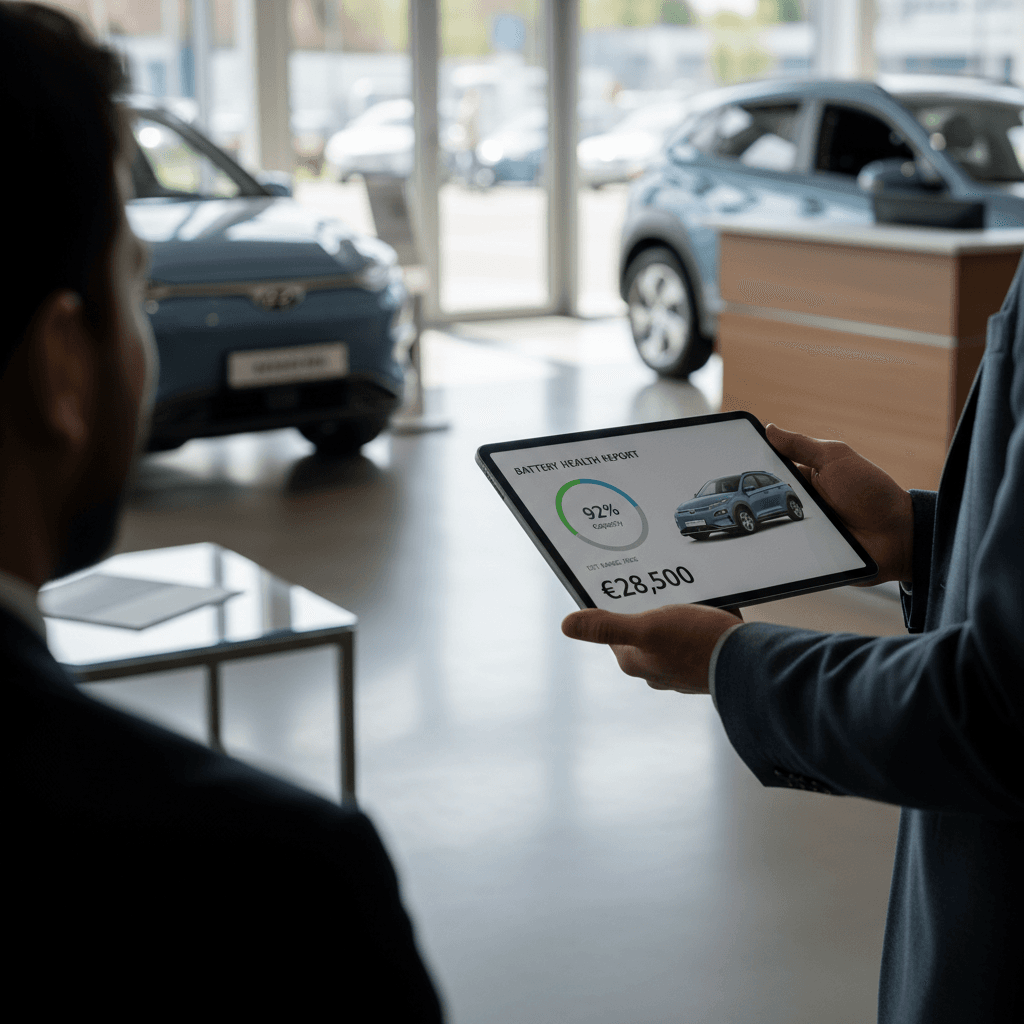 Sales specialist reviewing a battery health and pricing report with a Hyundai Kona Electric owner at an EV-focused dealership