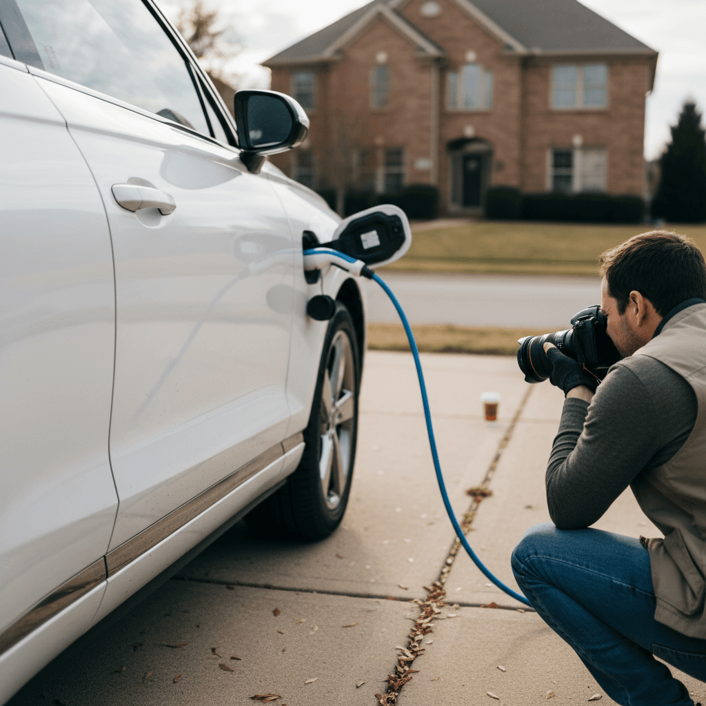 Seller taking detailed photos of a Genesis Electrified GV70 for an online listing in a residential driveway