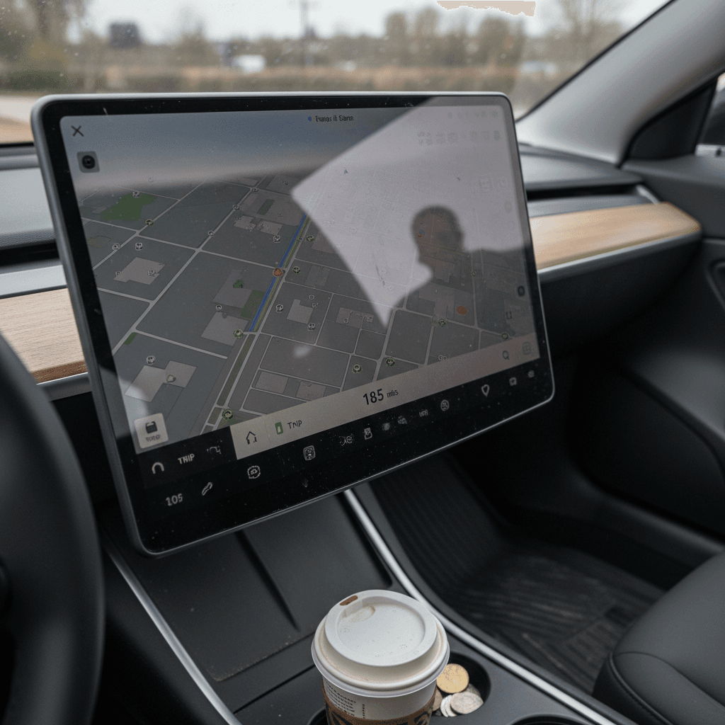 Tesla Model 3 interior showing large central touchscreen displaying energy and navigation data