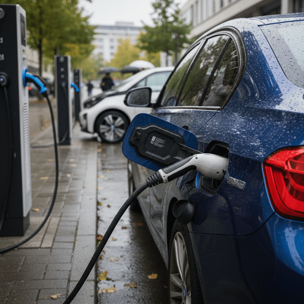 BMW sedan plugged into a home EV charger in a driveway, illustrating 330e plug-in charging