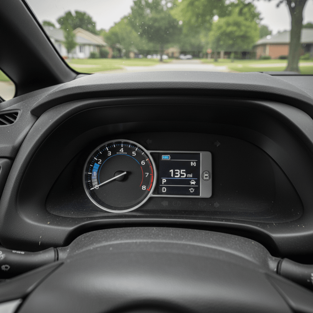 2021 Nissan Leaf dashboard showing battery state of charge and estimated range while driving