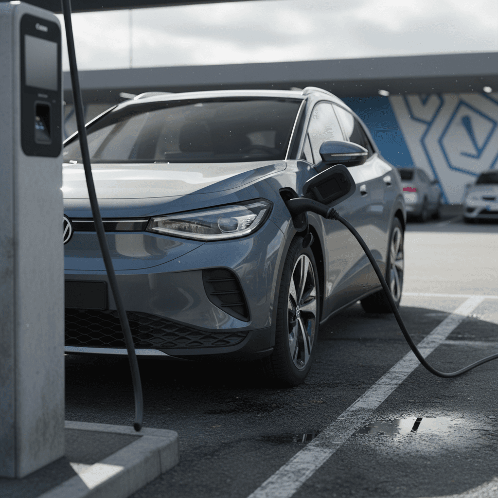 2024 Volkswagen ID.4 parked at a DC fast charging station, showing charging port and cable