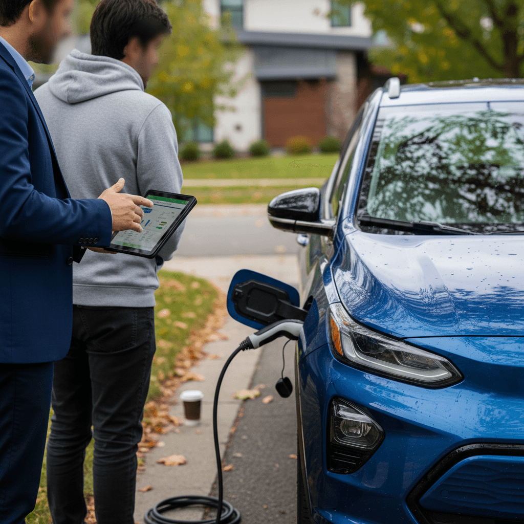 Insurance agent going over coverage options with a Chevrolet Bolt EUV owner standing by their blue electric crossover