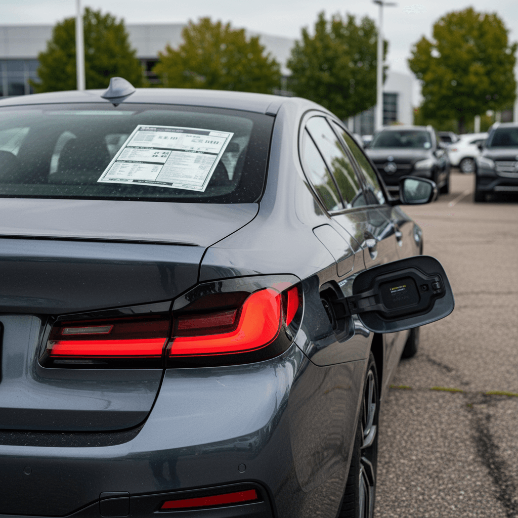 Used BMW i5 sedan parked on dealer lot with price sticker in window, illustrating current 2026 resale values