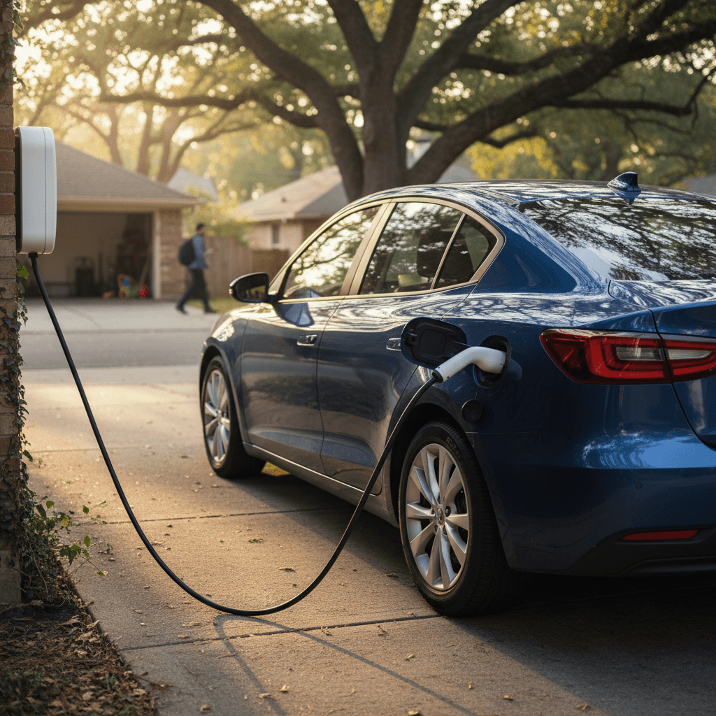 Compact electric sedan plugged into a Level 2 home charger in a driveway before a morning commute