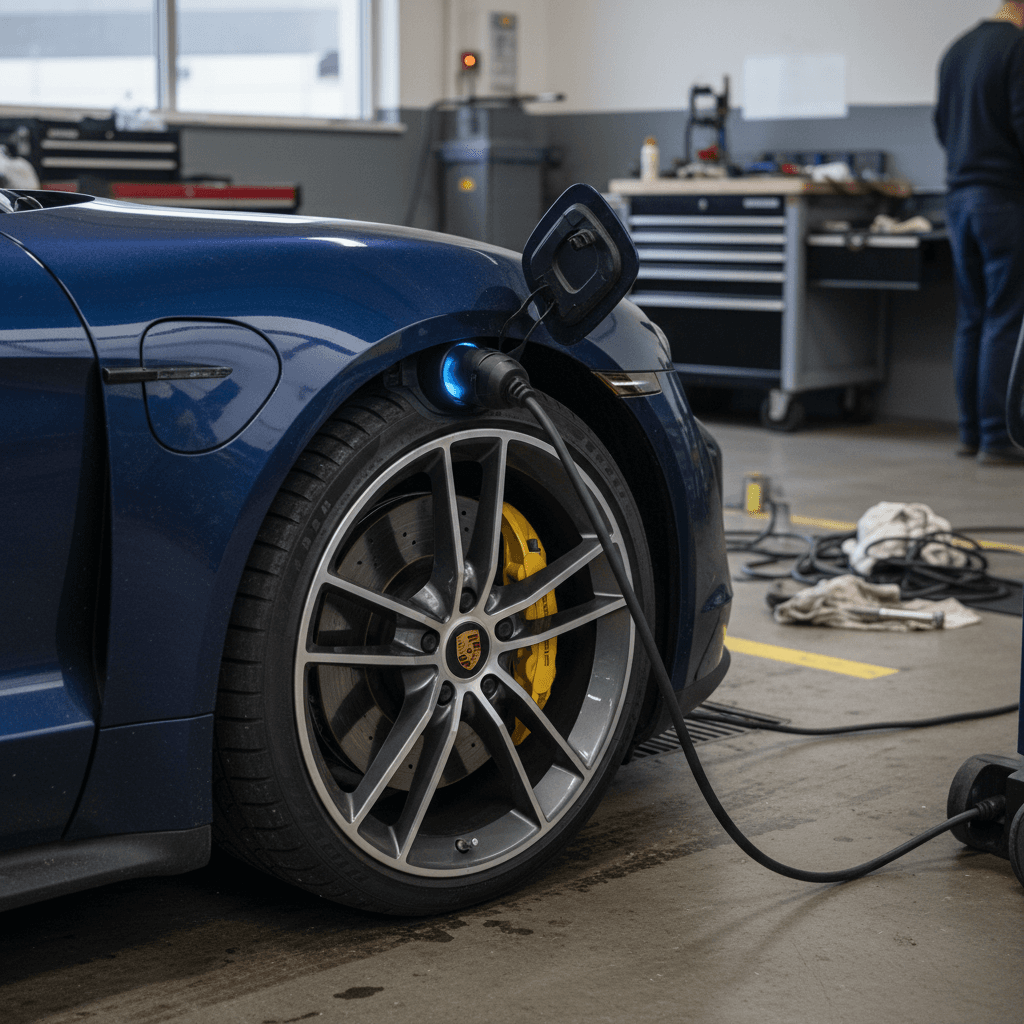 Technician inspecting a 2020 Porsche Taycan charging port and wheel at a service center