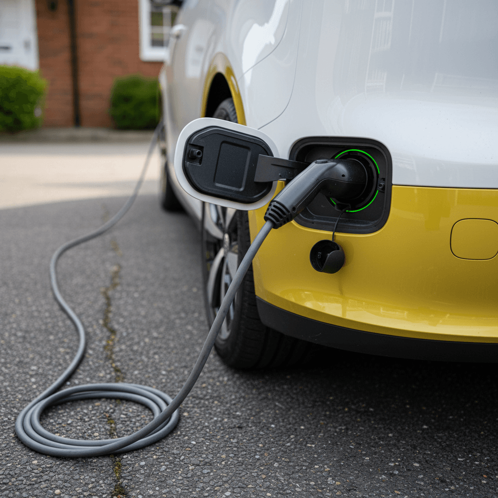 Volkswagen ID. Buzz plugged into a Level 2 home charger in a suburban driveway
