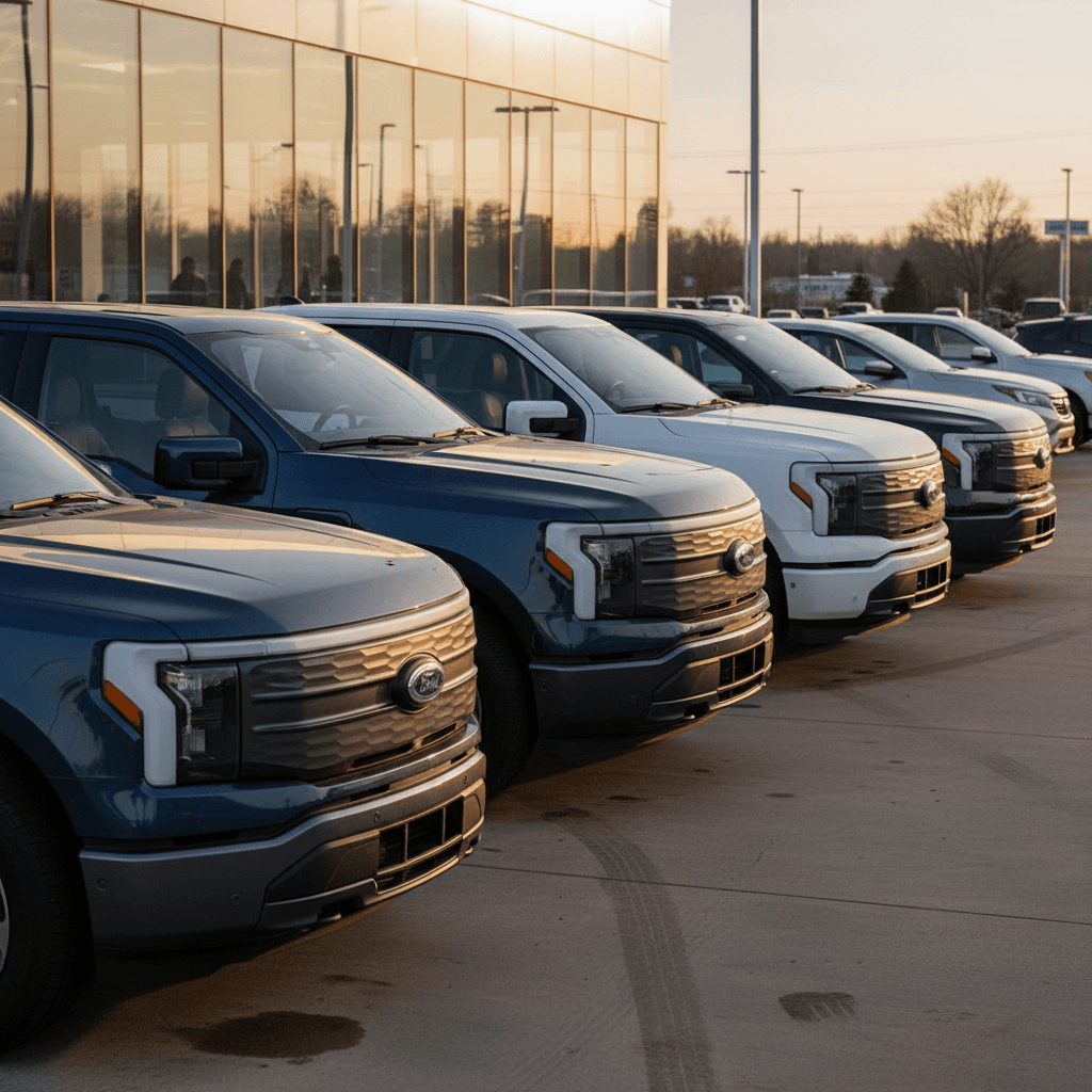 Lineup of used Ford F-150 Lightning trucks in different trims parked on a dealer lot