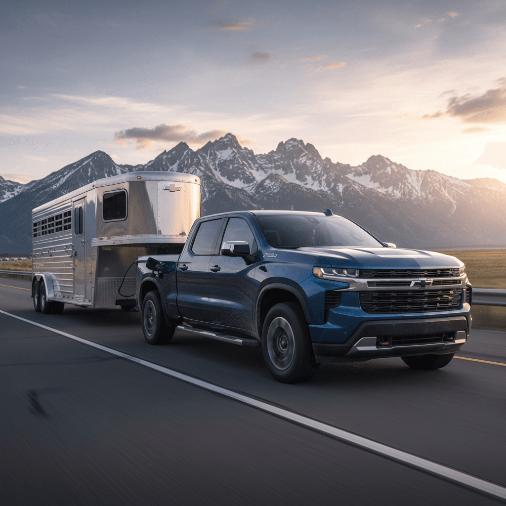 2025 Chevy Silverado EV towing a trailer on a highway, illustrating real-world range and charging needs for electric truck owners