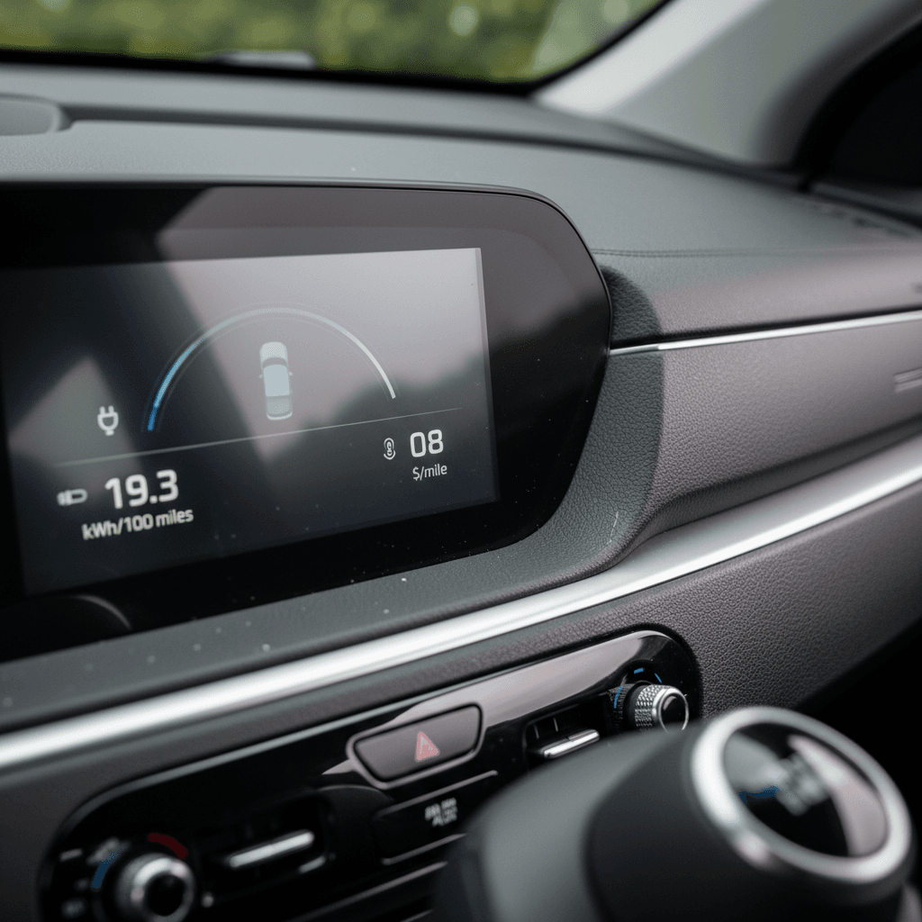 Kia Niro EV central display showing average mi/kWh and energy use over last miles driven