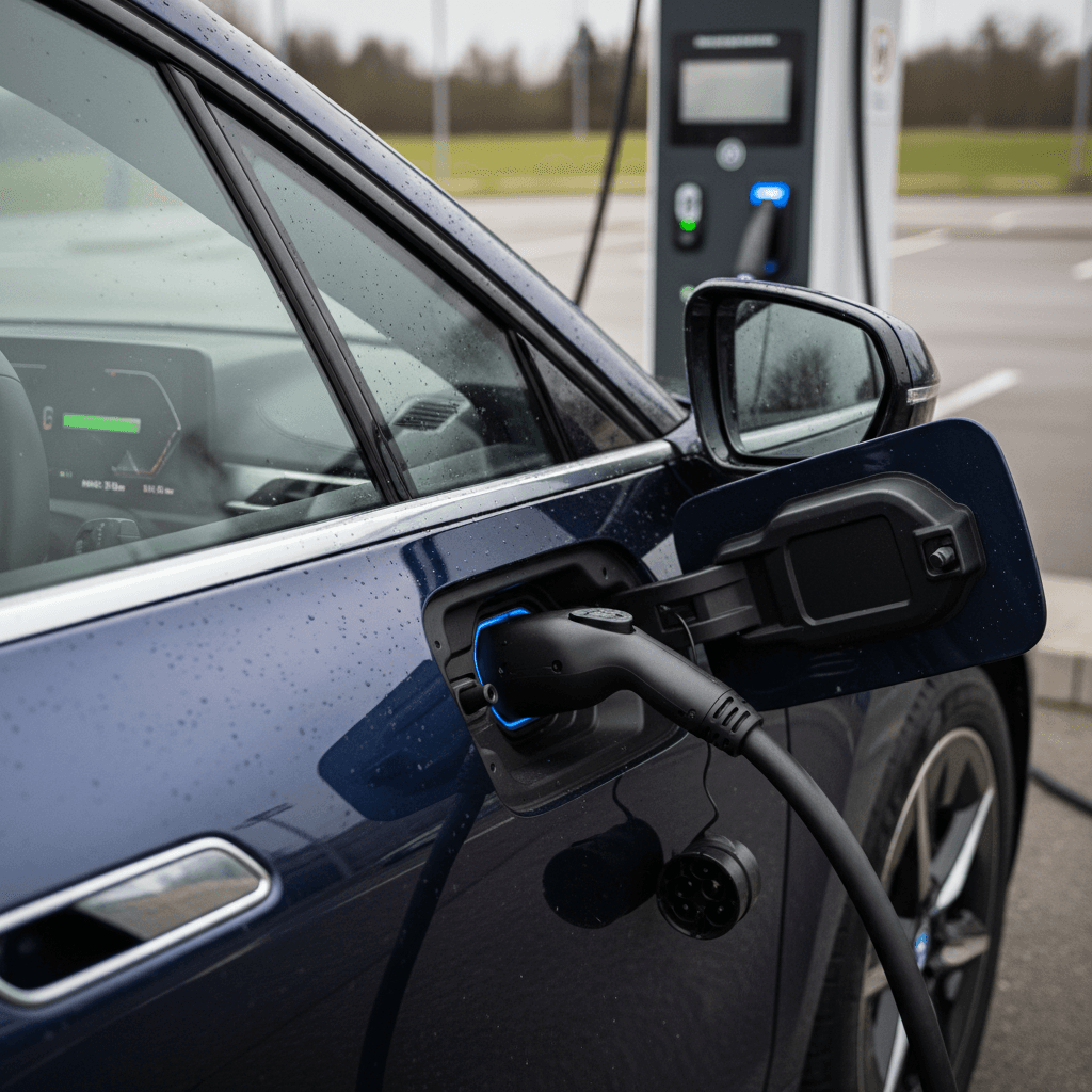 2024 BMW iX plugged into a public DC fast charger showing remaining range on digital cluster