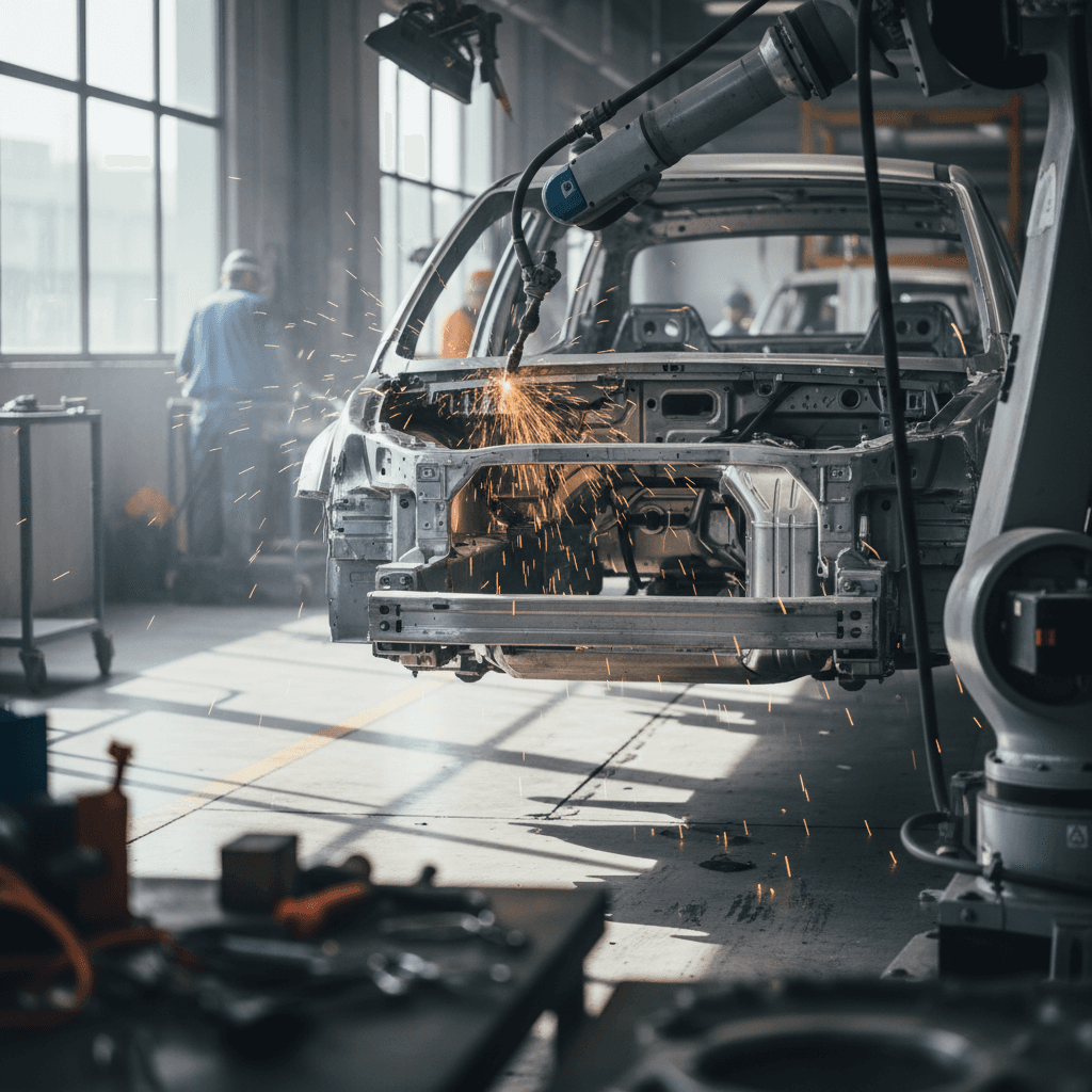 Robotic assembly line building modern electric vehicles in a large factory