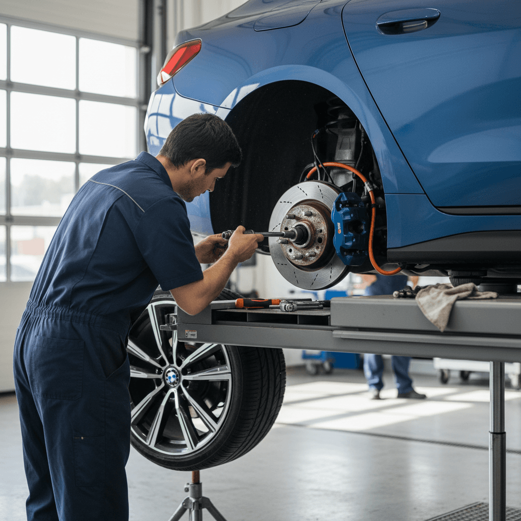 BMW i4 on a lift in a service bay with a technician inspecting brakes and suspension components