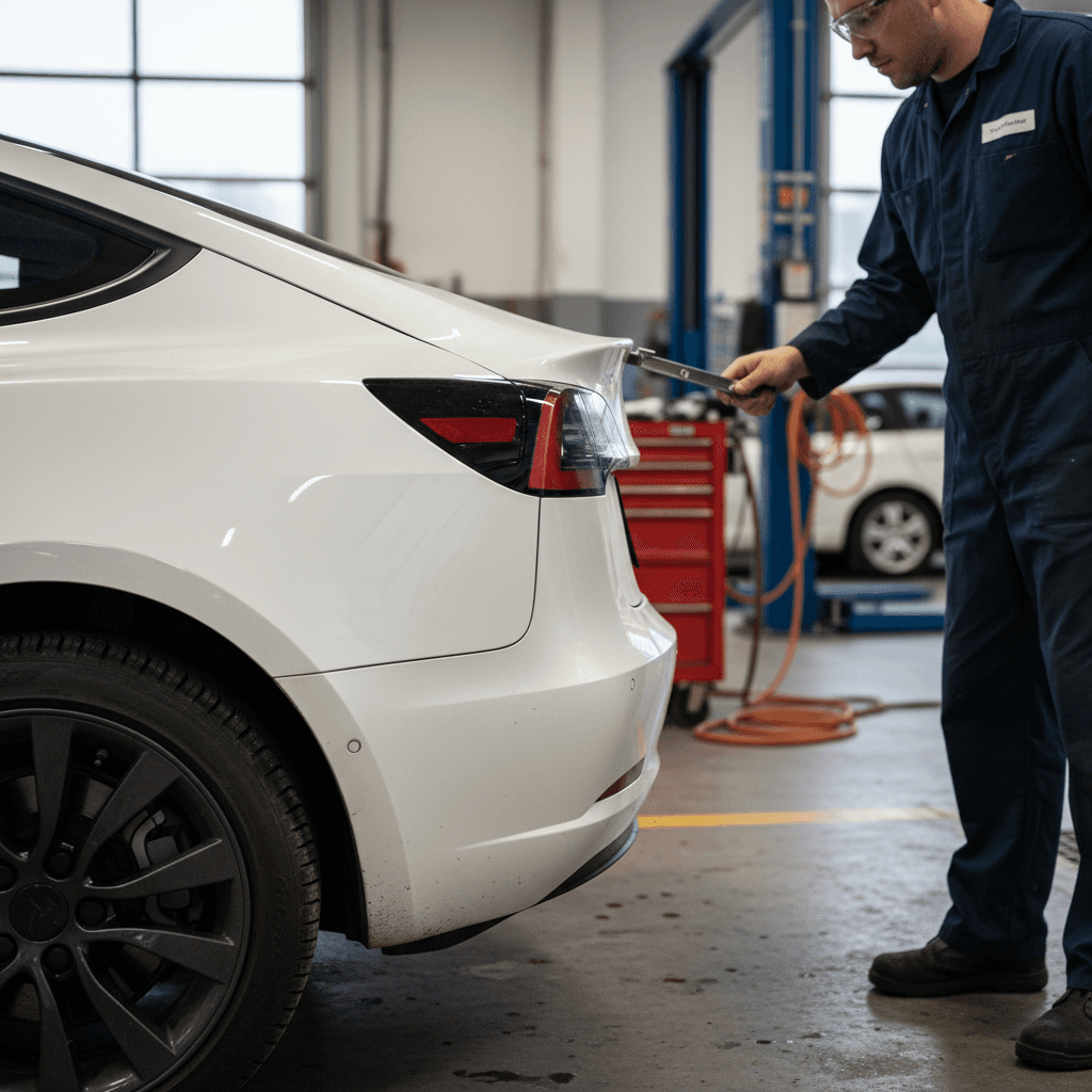 Technician inspecting panel gaps and paint quality on a 2020 Tesla Model 3 in a service bay