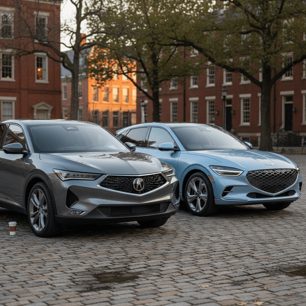 Acura ZDX and Genesis GV60 parked side by side highlighting their different sizes and styling