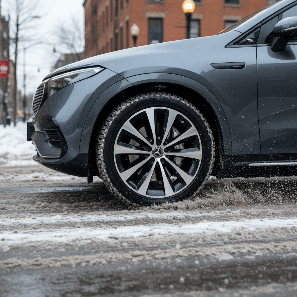 Mercedes EQS SUV driving through slushy snow on a city street, highlighting winter tire contact patch