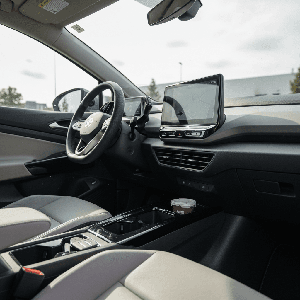 Interior view of a 2024 Volkswagen ID.4 showing the large center touchscreen and digital driver display