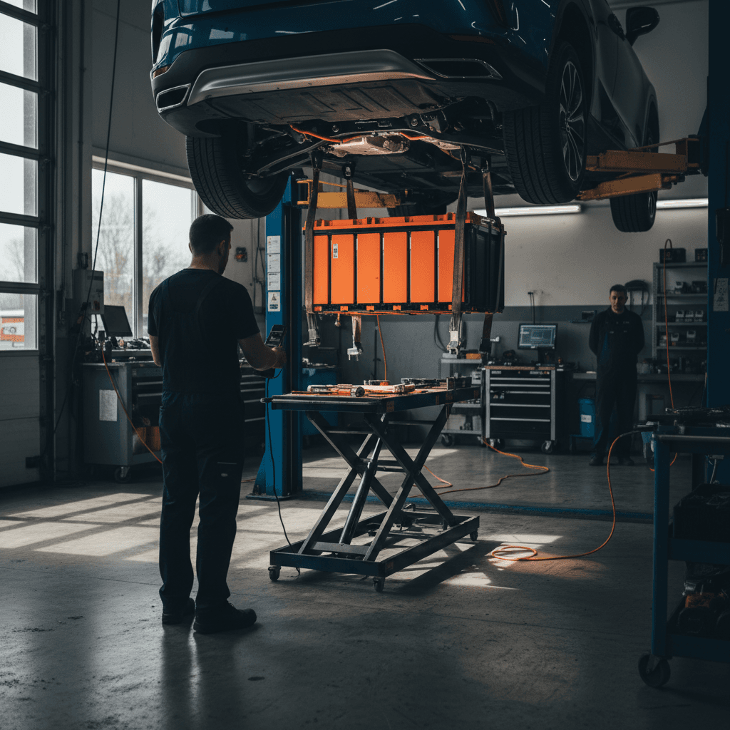 Open hybrid engine bay showing high‑voltage components and orange cabling