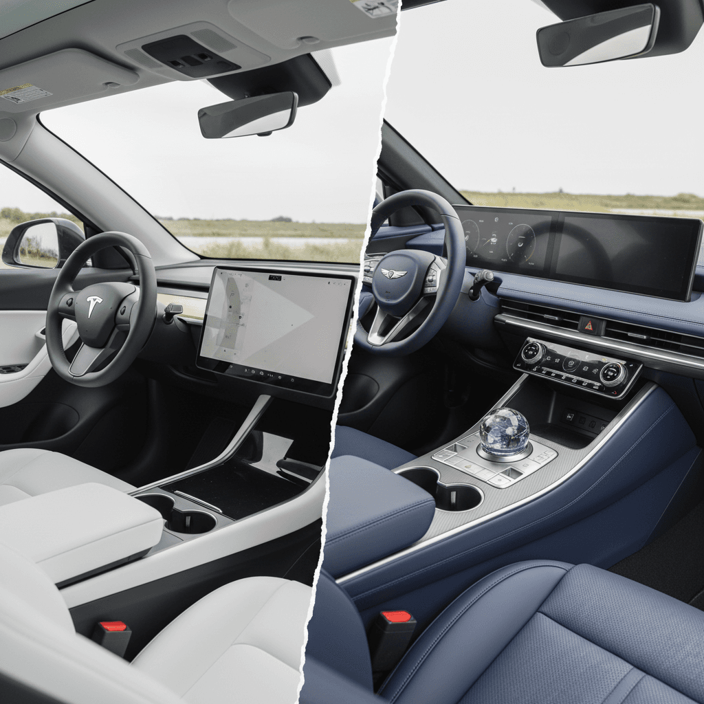 Tesla Model Y minimalist interior next to Genesis GV60 luxury cabin showing contrasting design approaches
