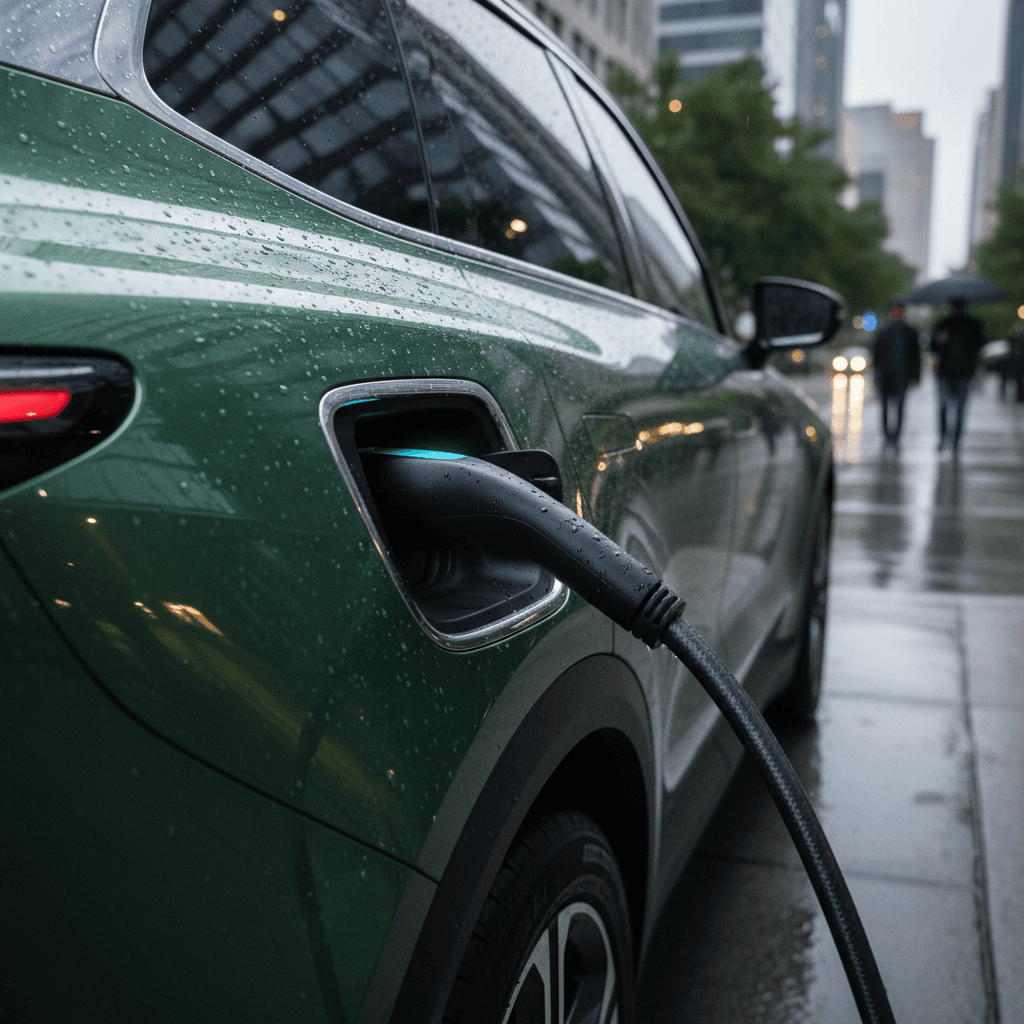 Family loading a modern electric SUV while it charges in a suburban driveway