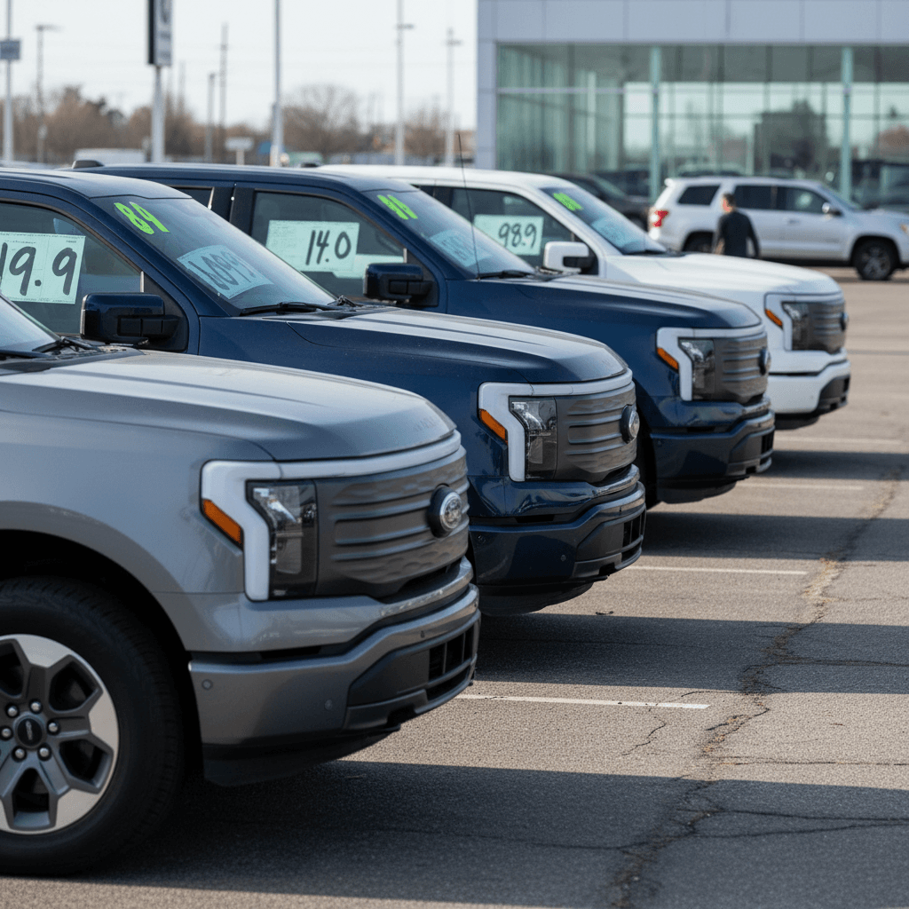 Row of used Ford F-150 Lightning electric pickup trucks parked on a dealership lot with window stickers showing prices