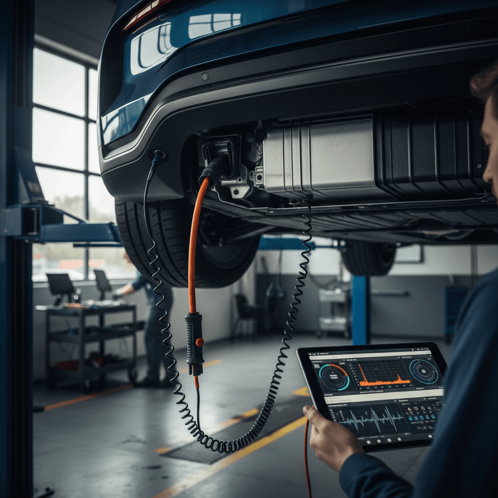 Technician inspecting an electric vehicle battery pack in a service bay