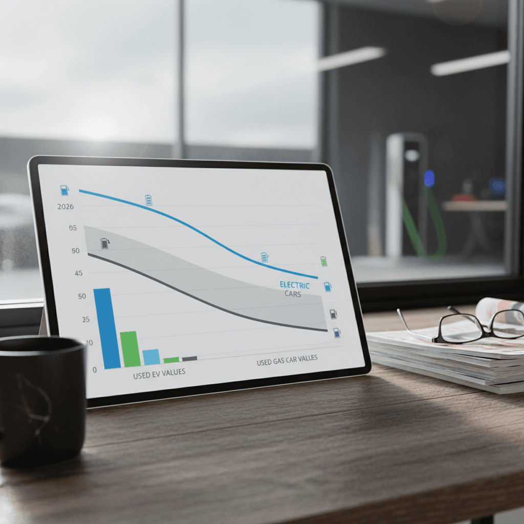 Infographic-style chart comparing typical 5-year depreciation for electric cars versus gas cars in 2026