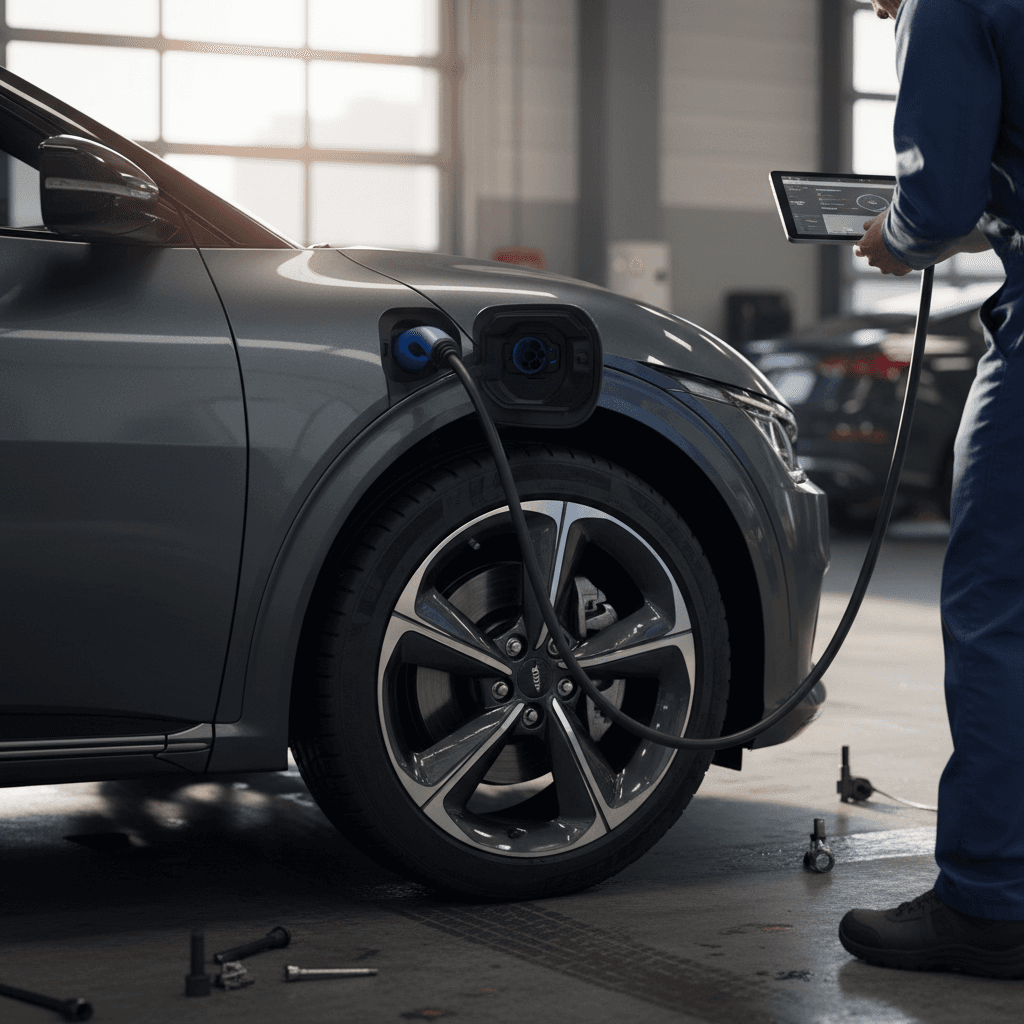Technician inspecting a Kia EV6 charge port and front wheel area in a service bay
