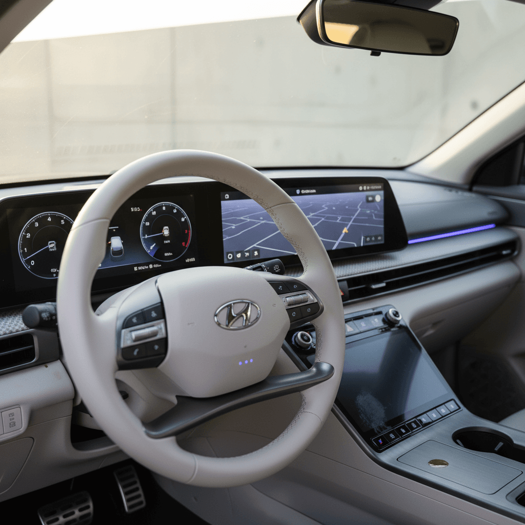 Digital interior of a 2024 Hyundai Ioniq 6 showing widescreen displays and ambient lighting
