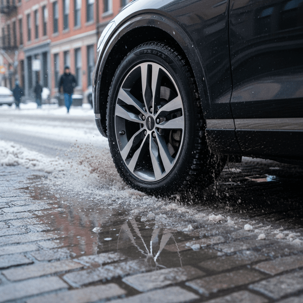 Genesis Electrified GV70 front wheel driving through wet slushy snow, showing tread cutting through slush