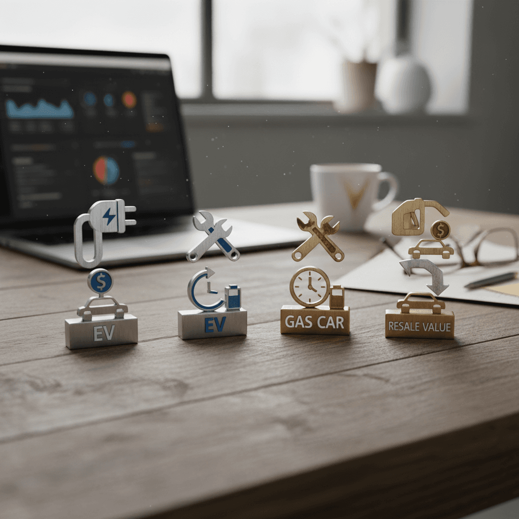 Visual comparison of daily routine for an EV owner charging at home vs a gas car owner driving to a fuel station