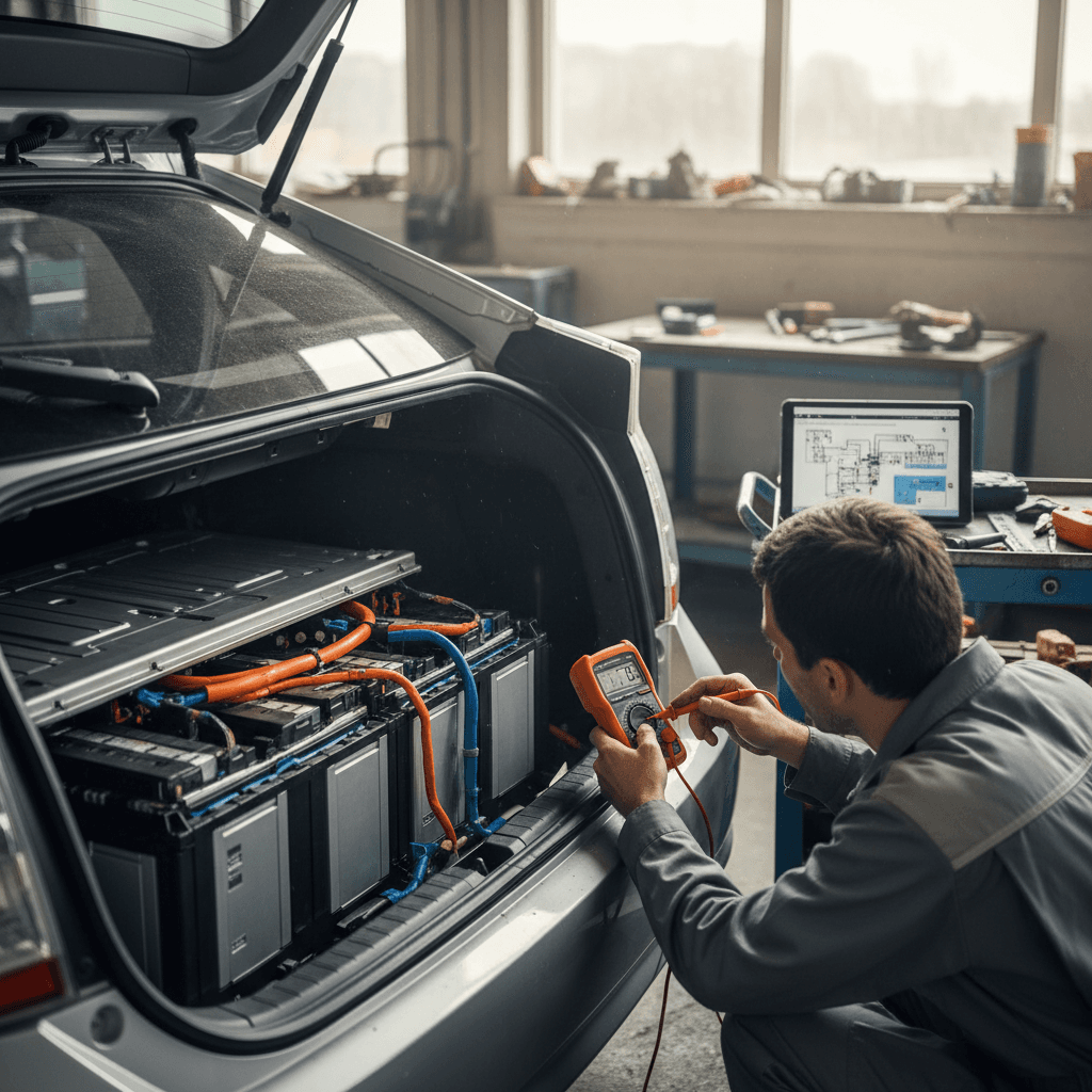Mechanic using diagnostic equipment on a hybrid car’s battery pack in a service bay