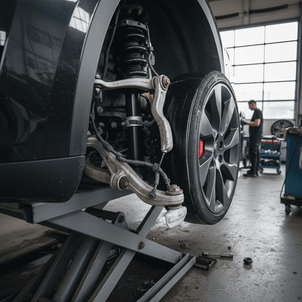 Technician inspecting a Tesla Model Y front suspension and wheel area on a lift