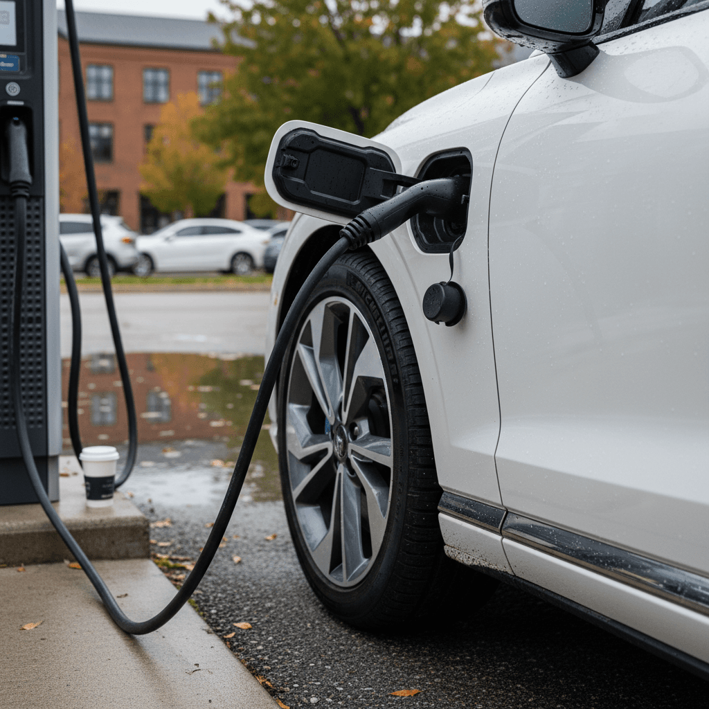 Genesis GV60 plugged into a public DC fast charger, showing charging port area and wheel