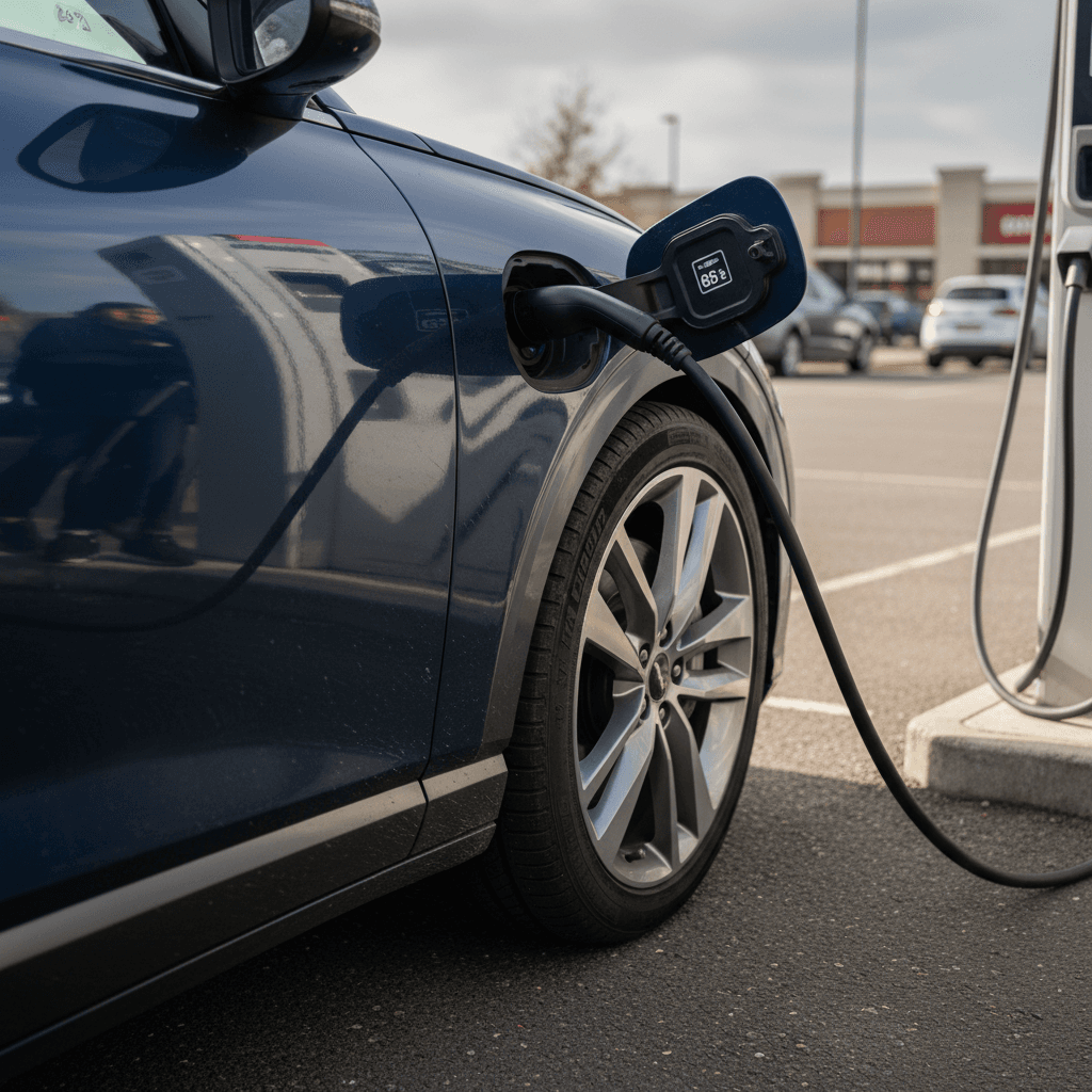 Genesis GV60 plugged into a DC fast charger, highlighting its charging port and wheel design