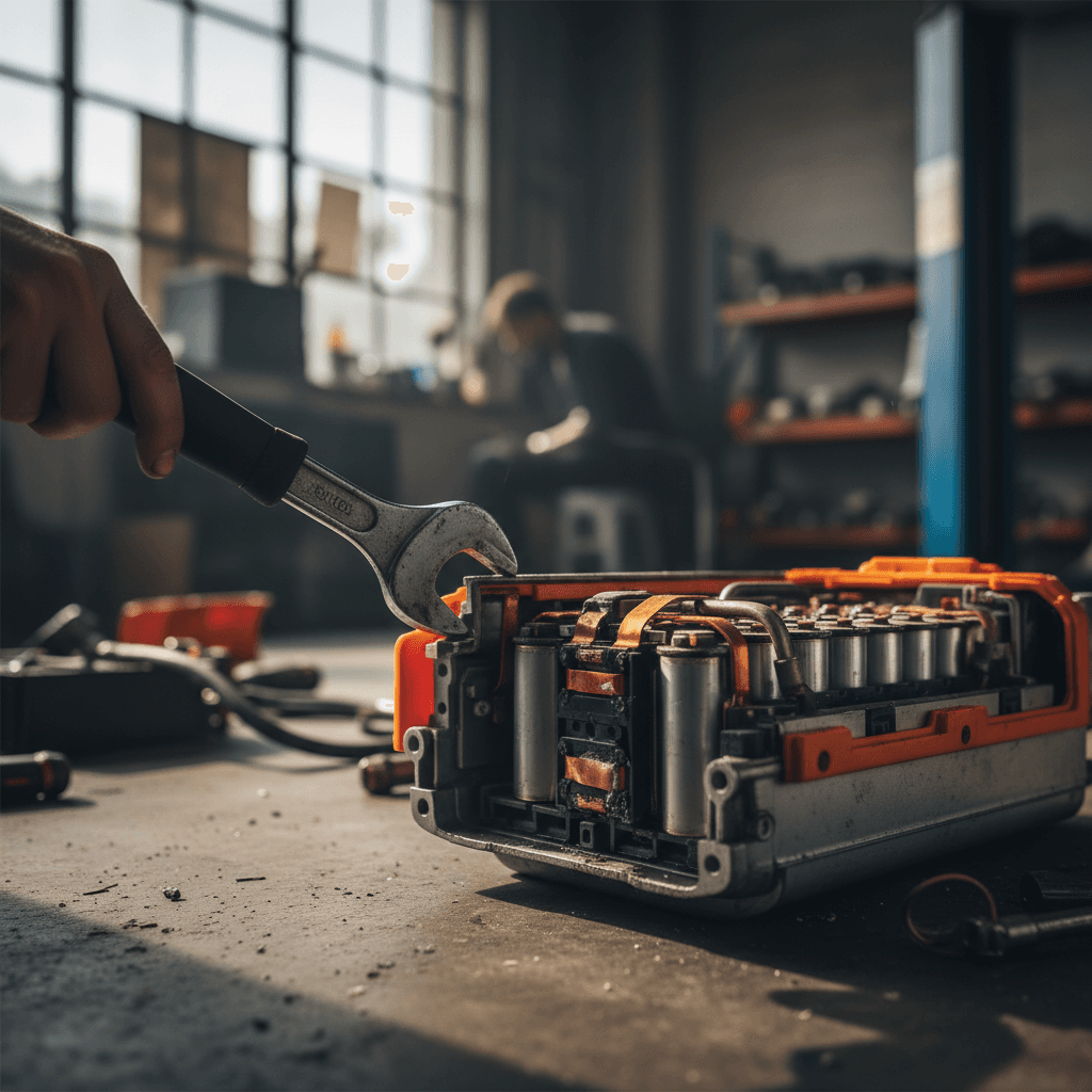 Mechanic working on a hybrid car battery pack inside a service bay