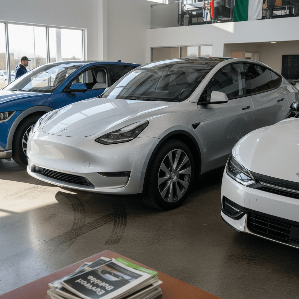 Row of Tesla Model Y and rival electric SUVs parked in front of a modern EV dealership building