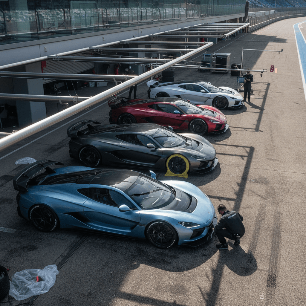 High-performance electric cars lined up in a pit lane at a racetrack, including sedans and hypercars
