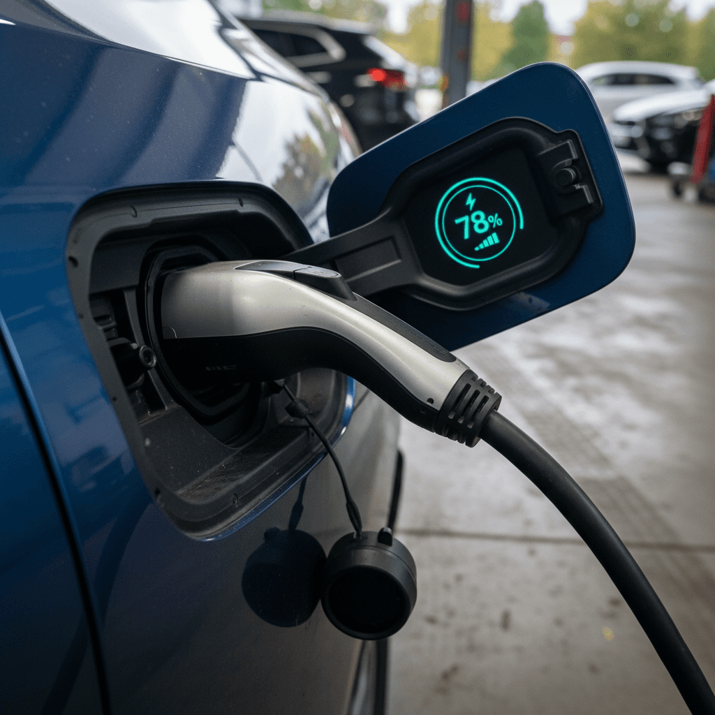 Close-up of a BMW i4 charging port with cable plugged in and digital battery percentage overlay.