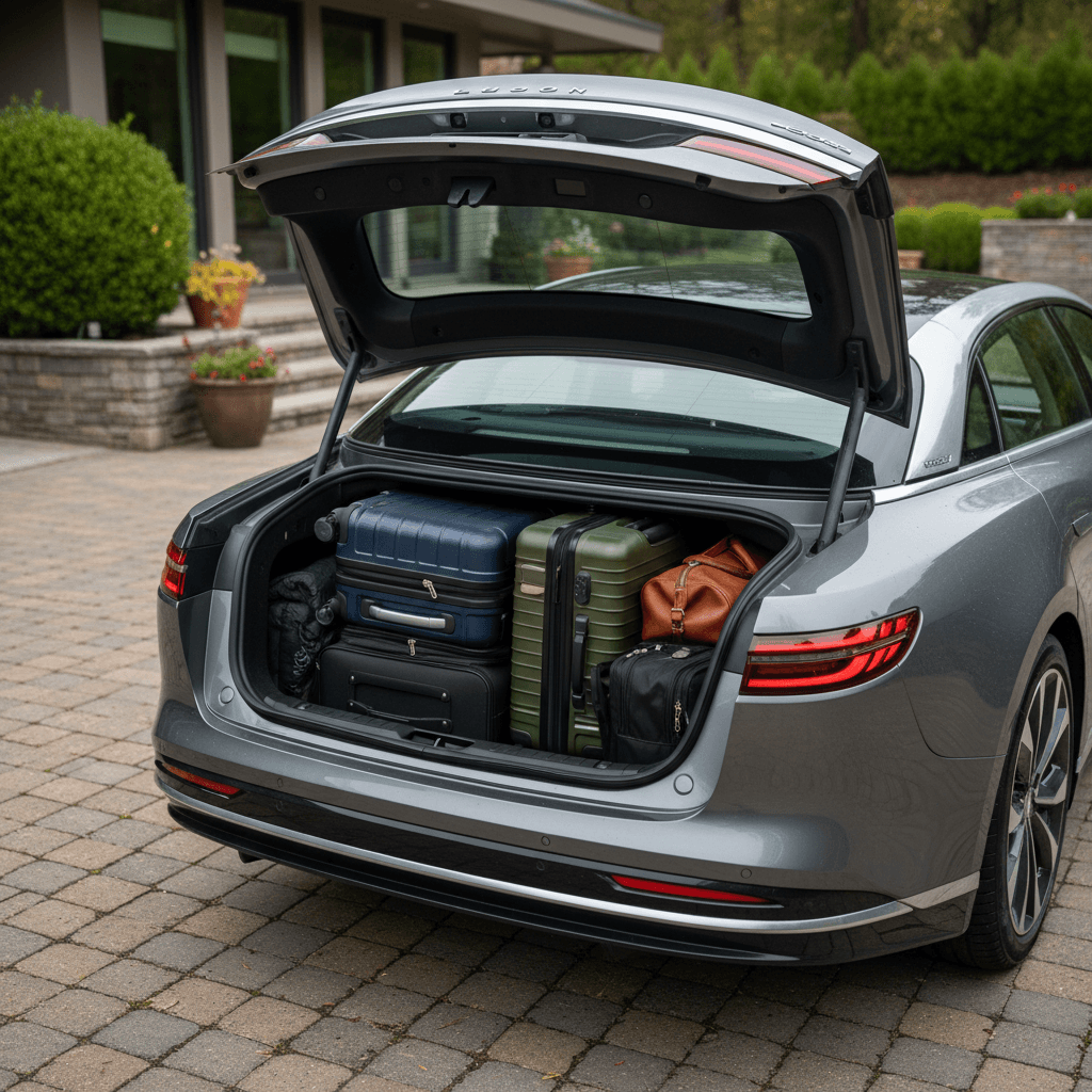 Lucid Air rear trunk and front frunk open in a driveway, packed with suitcases and small bags to show cargo space