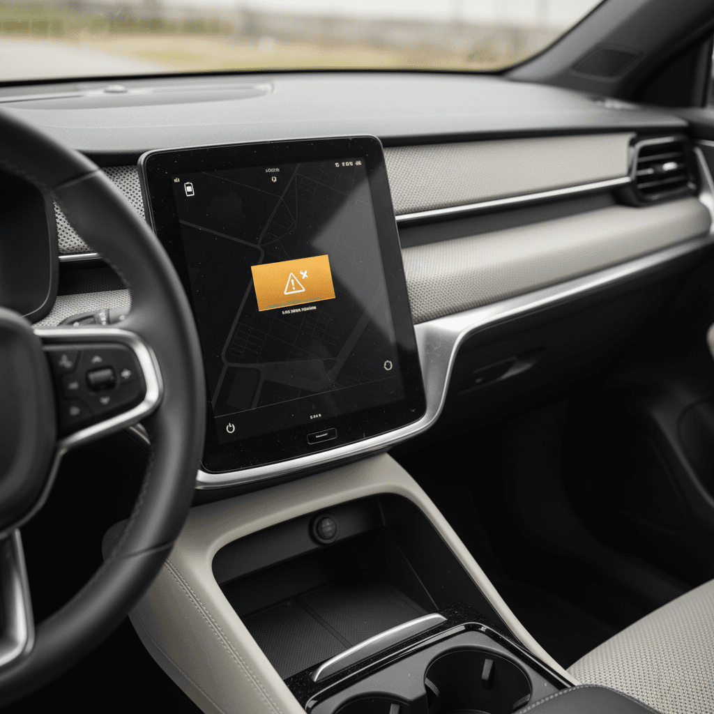 Polestar 2 interior with center screen displaying a warning alert related to driver assistance or connectivity