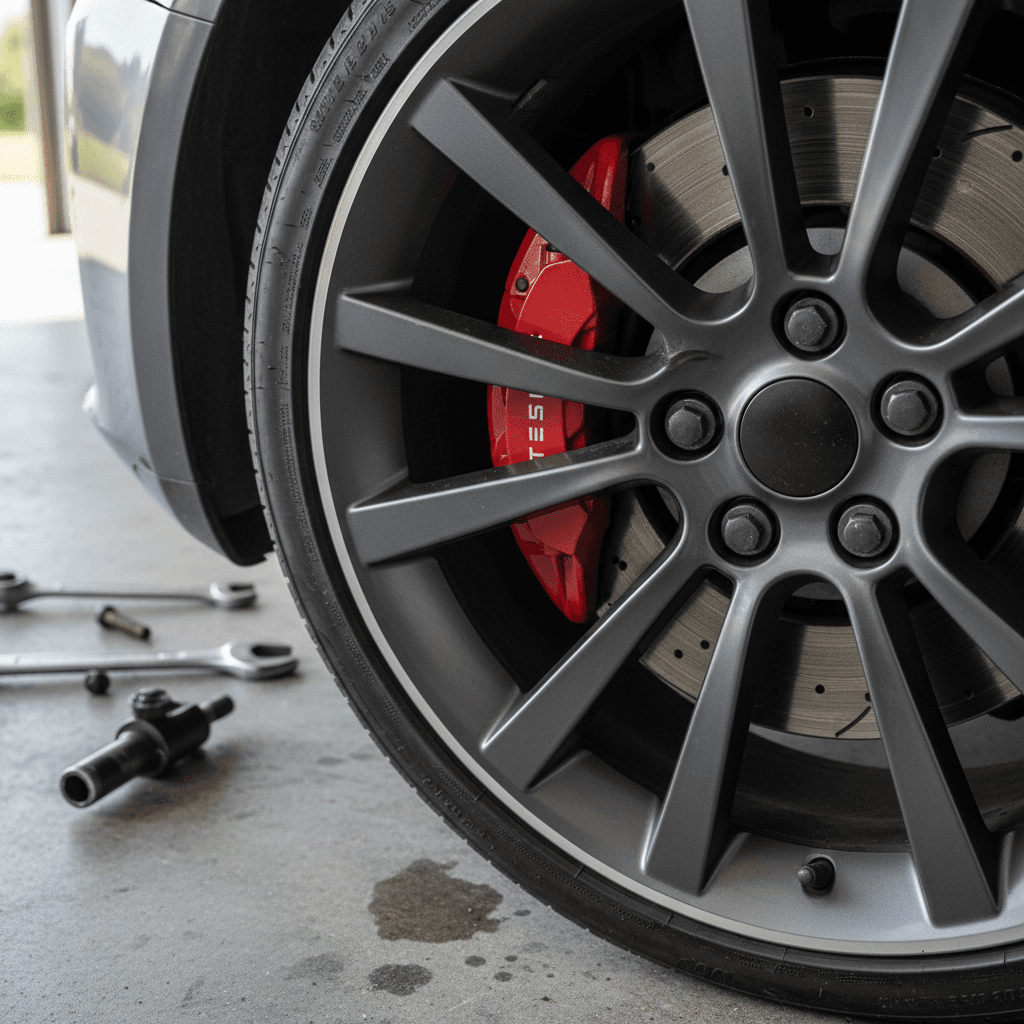 Tesla Model 3 raised on a service lift while a technician inspects the wheels and brakes