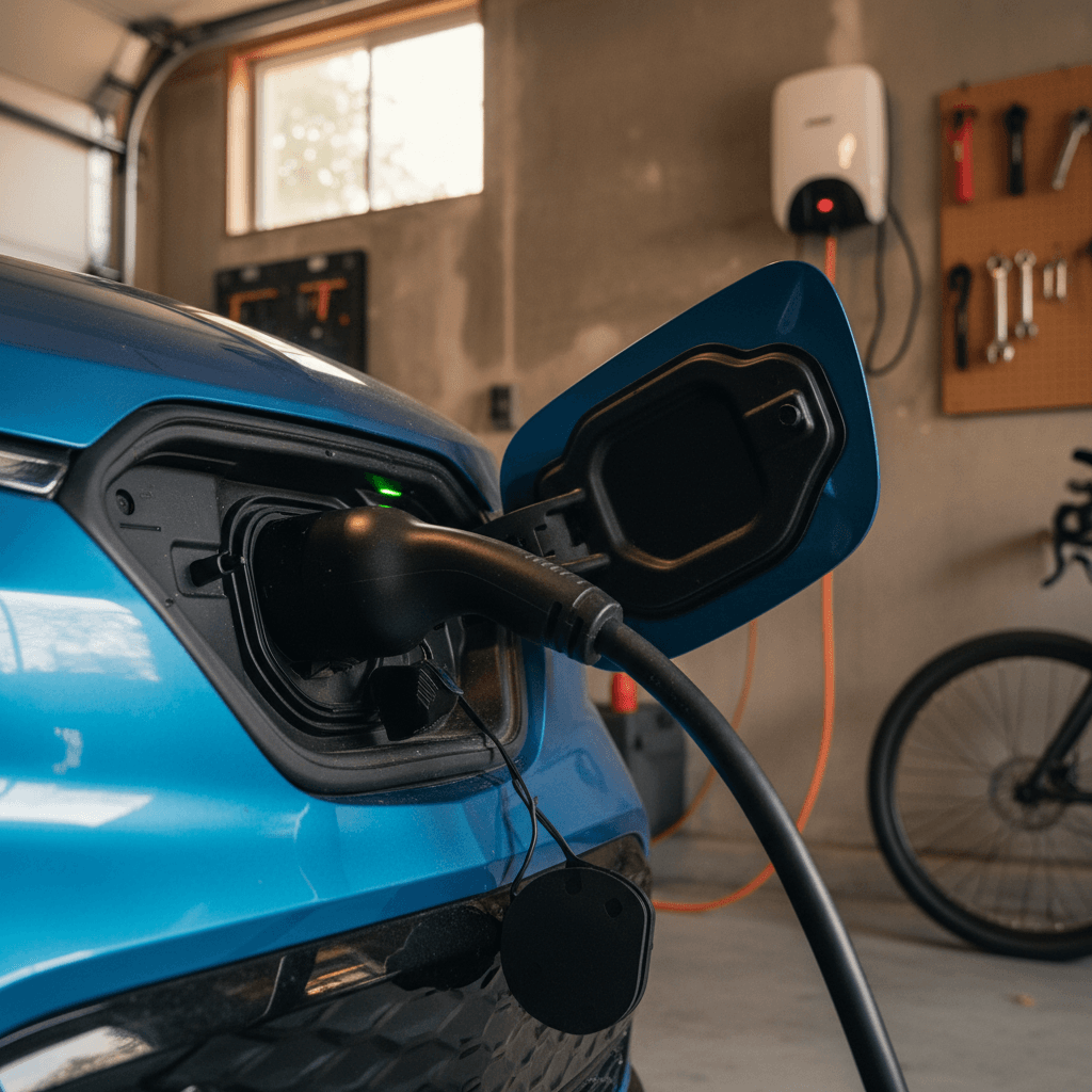 Chevrolet Equinox EV plugged into a wall‑mounted Level 2 charger in a residential garage