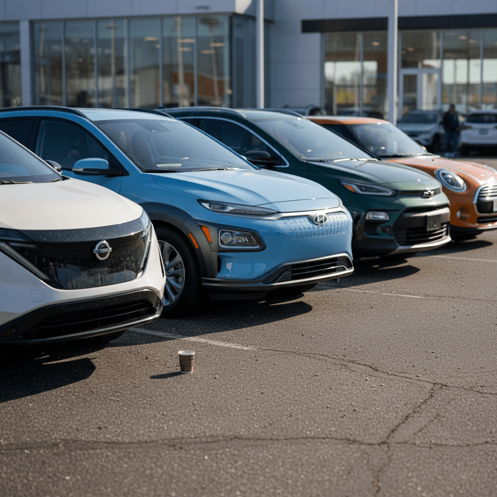 Row of compact electric cars in different colors parked at a dealership, ideal for new drivers comparing options