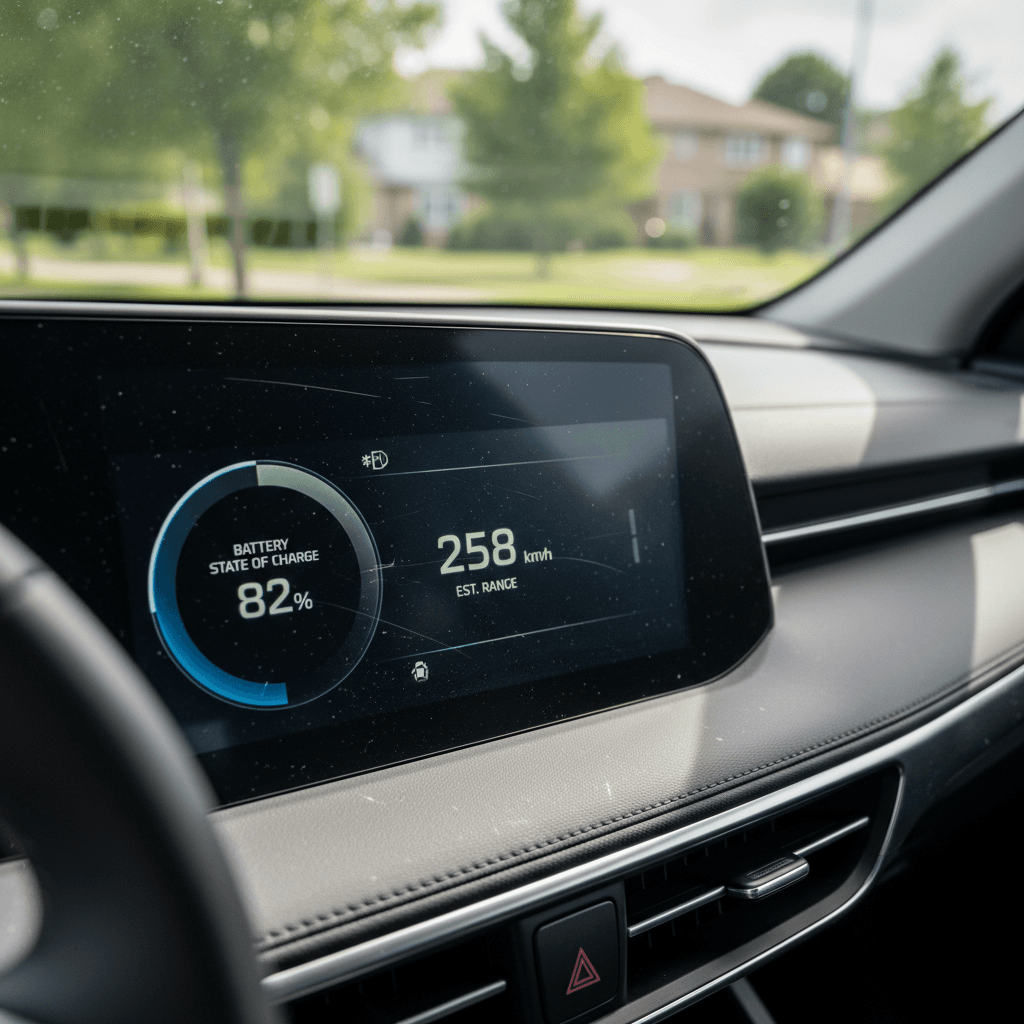 Close-up of Kia EV9 digital display showing battery state of charge and estimated electric driving range
