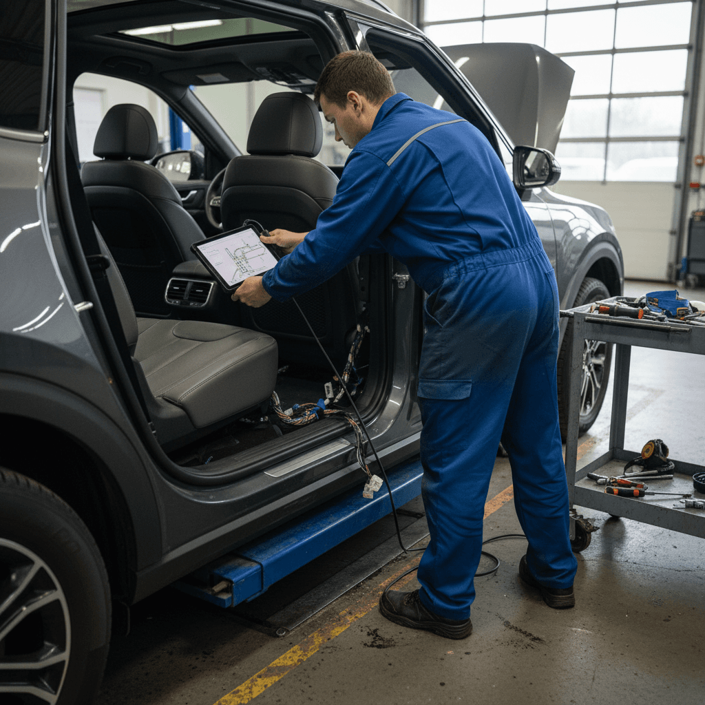 Technician inspecting second and third-row seat mounting bolts on a Kia EV9 in a service bay