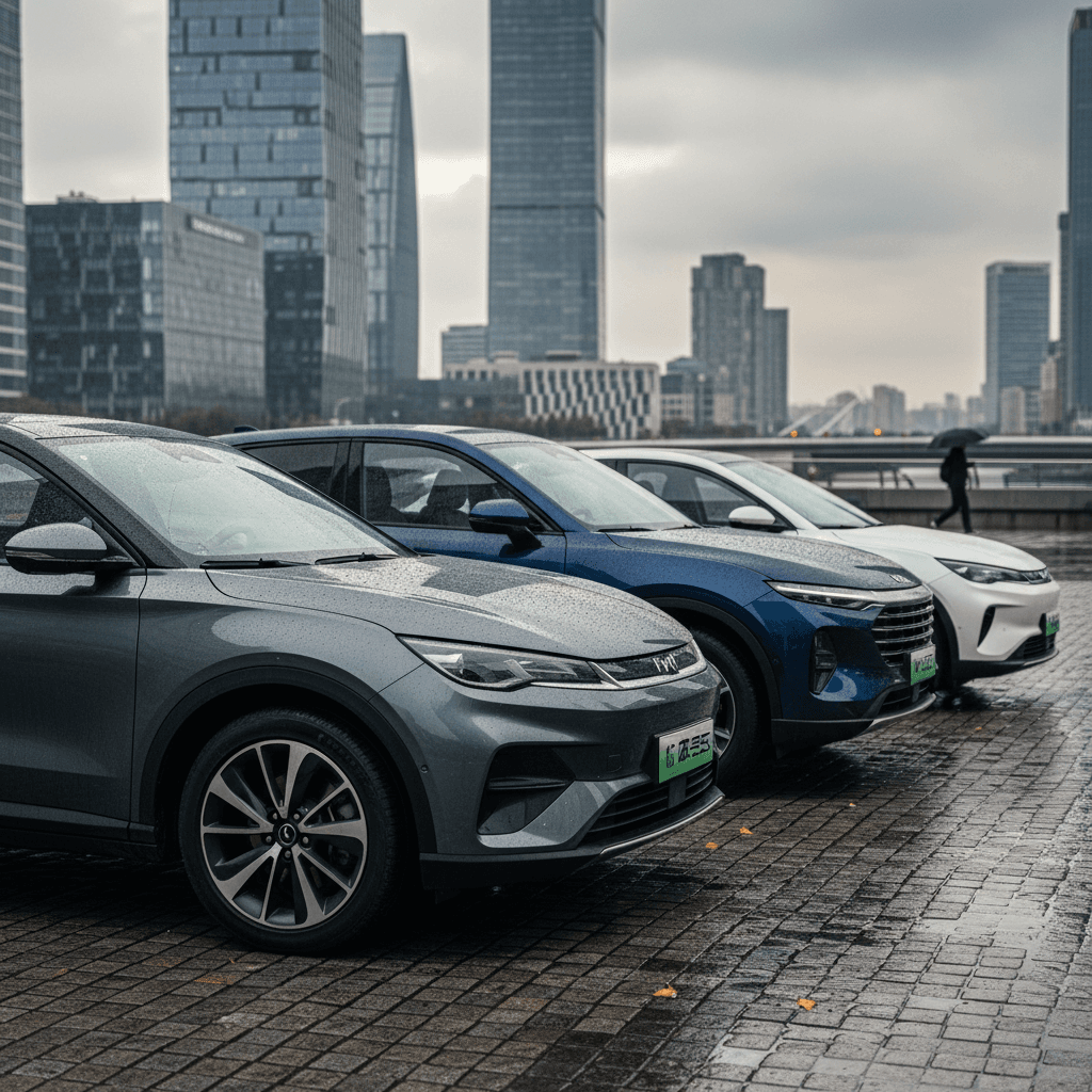 A lineup of modern Chinese electric SUVs and crossovers parked in an urban setting